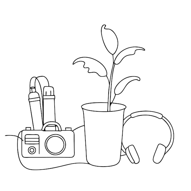 a drawing of a plant and a camera with a plant in it