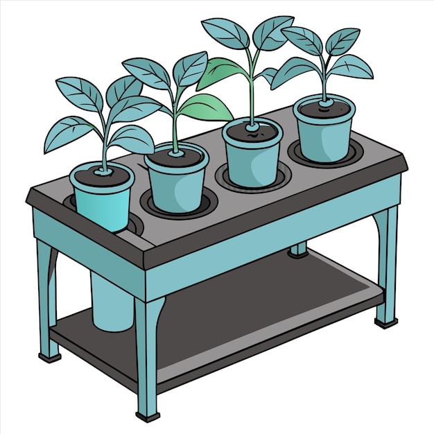 a drawing of a plant on a table with pots and plants