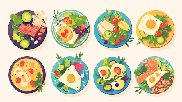 a drawing of plates of food including fruit and vegetables