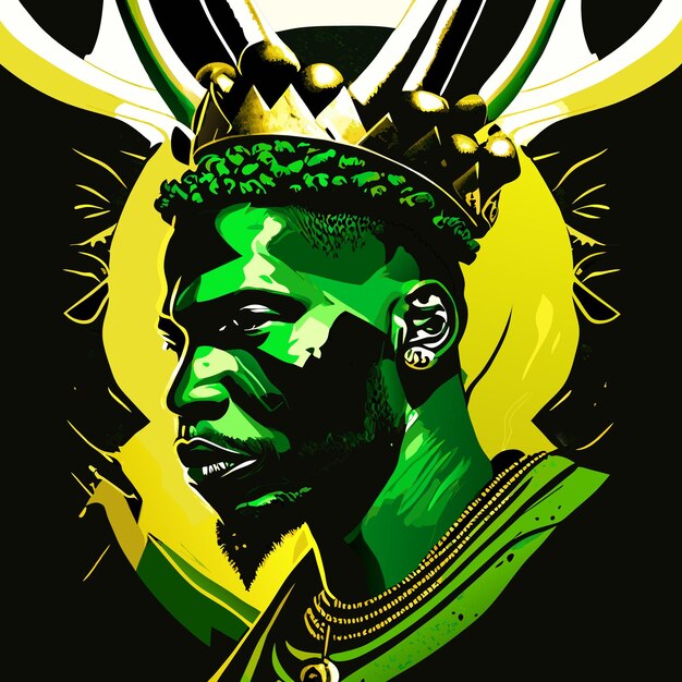 Drawing of a portrait african man with a crown made with a palm floral green