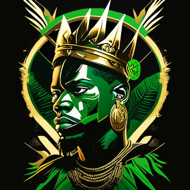 Drawing of a portrait african man with a crown made with a palm floral green