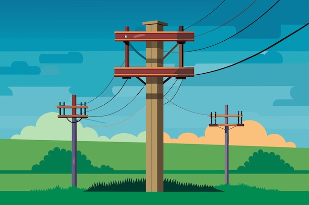 Vector a drawing of a power pole with power lines and a sky background