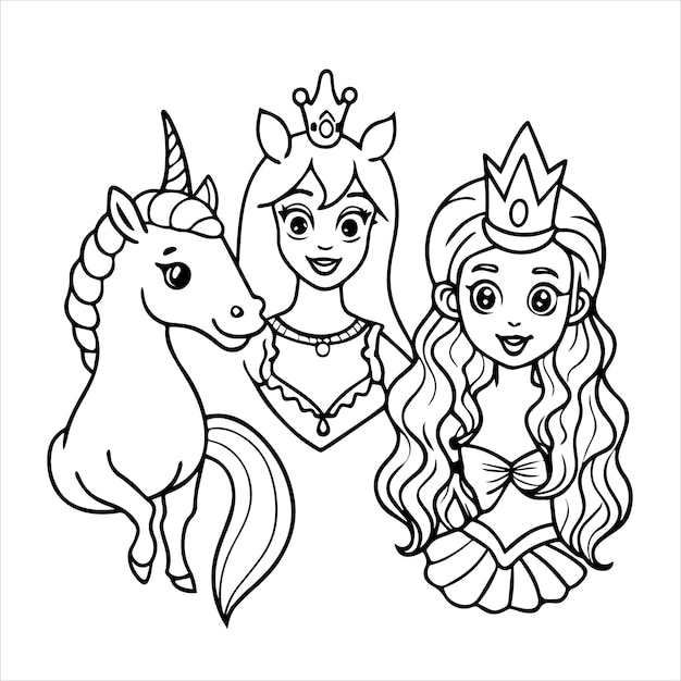 a drawing of a princess and a unicorn with a crown on it