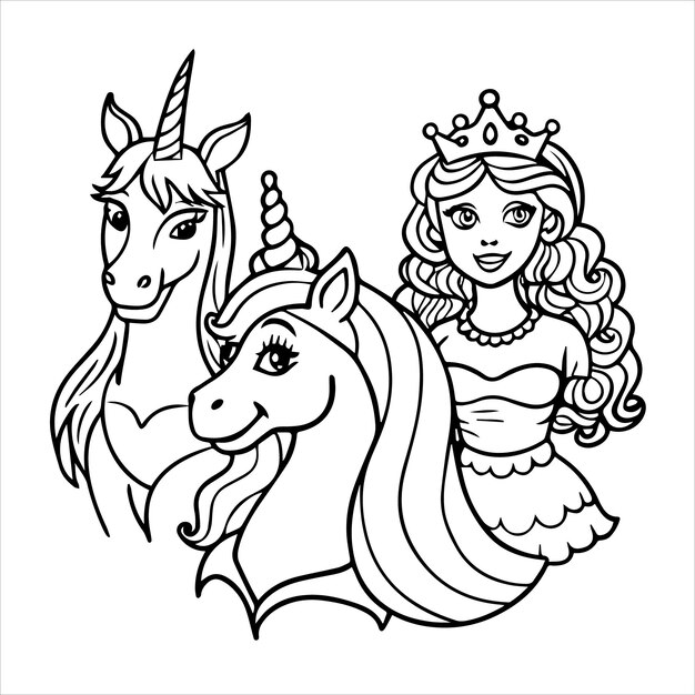 Vector a drawing of a princess and a unicorn with a crown on it