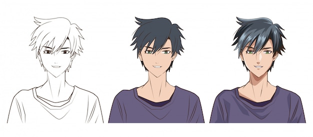 drawing process of young man anime style character vector illustration design