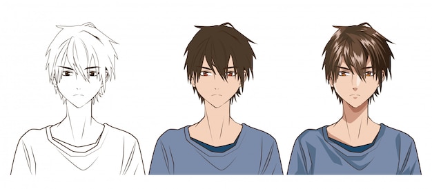 drawing process of young man anime style character vector illustration design