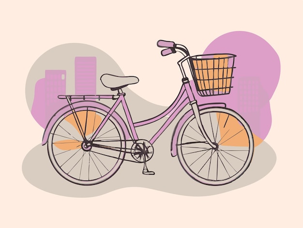 a drawing of a purple bicycle with a basket on the front