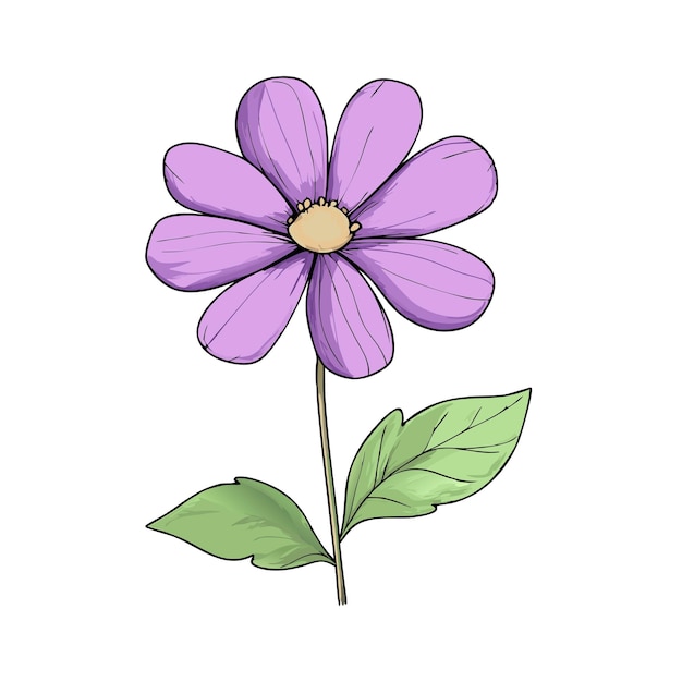 a drawing of a purple flower with a yellow center