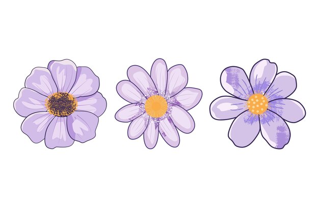 Vector a drawing of purple flowers with yellow center and purple on the bottom