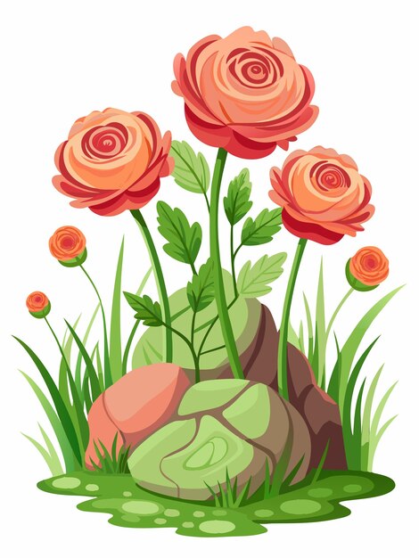 Vector a drawing of ranunculus flowers in a garden with a picture of a garden