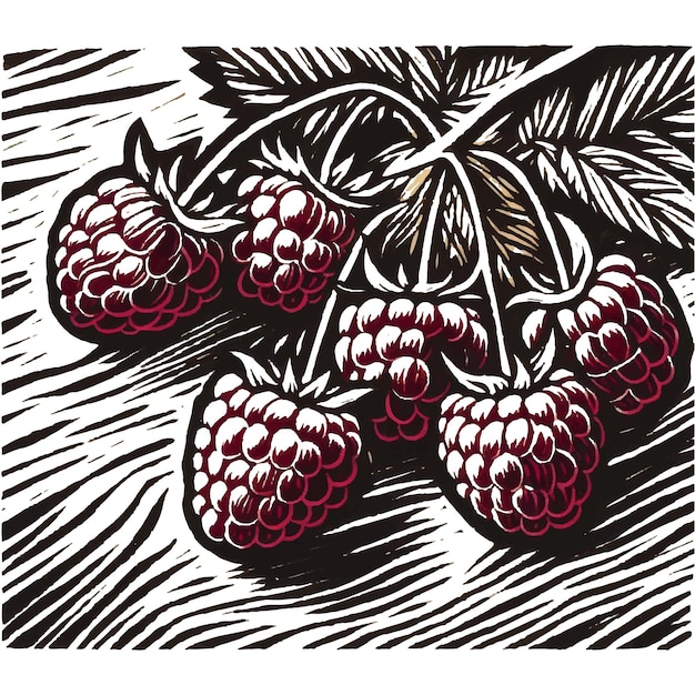 A drawing of raspberries with a black and white drawing of a branch