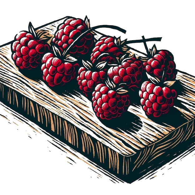 A drawing of raspberries with a black and white drawing of a branch