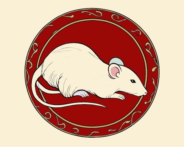 Vector a drawing of a rat with a red background with gold letters