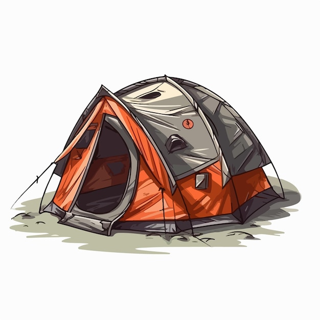 A drawing of a red and gray tent with the word camp on it.