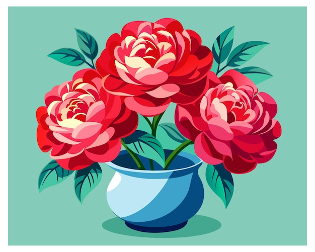 a drawing of red roses in a blue vase with a green background