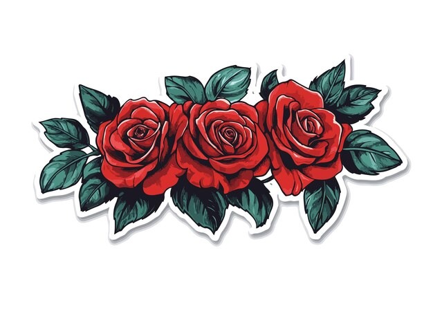 a drawing of red roses with green leaves and green leaves