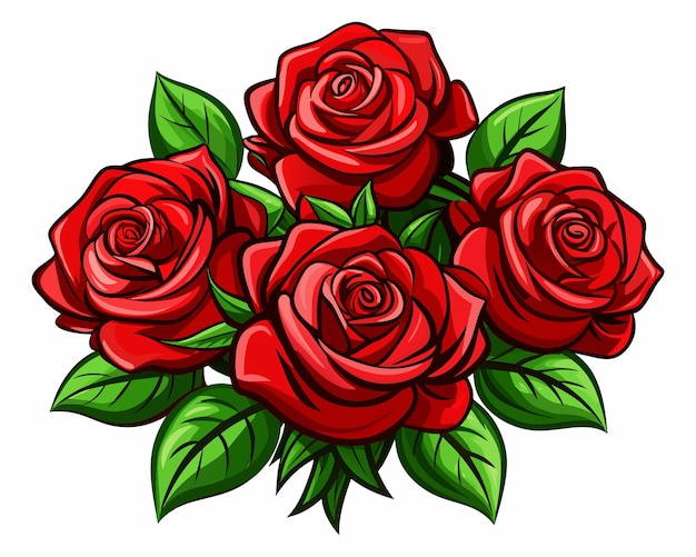 a drawing of red roses with green leaves