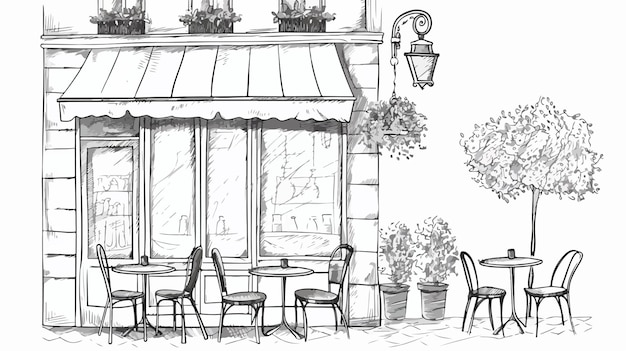 Vector a drawing of a restaurant with a potted plant on the front