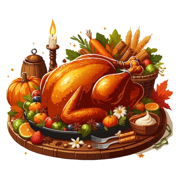 A drawing of a roast turkey with fruits and vegetables