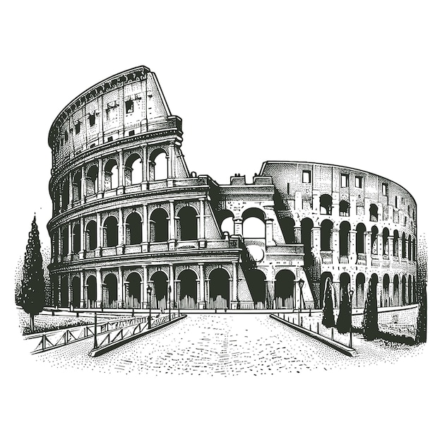 a drawing of roman structure with a black and white drawing of roman structure