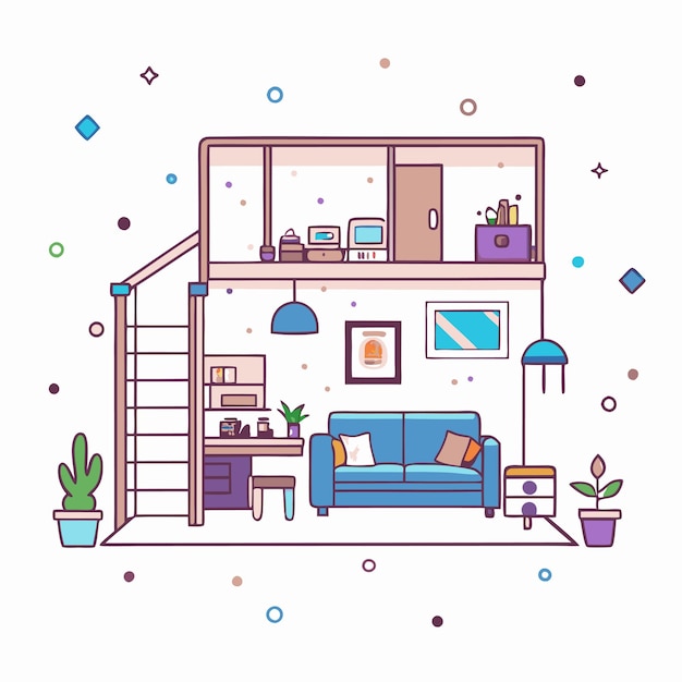 Vector a drawing of a room with a blue couch and a shelf with the words quot the word quot on it