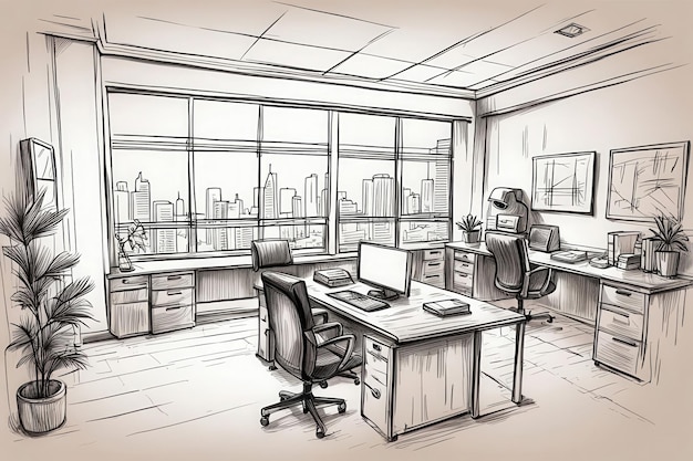 Vector a drawing of a room with a computer and a picture of a cityscape in the background