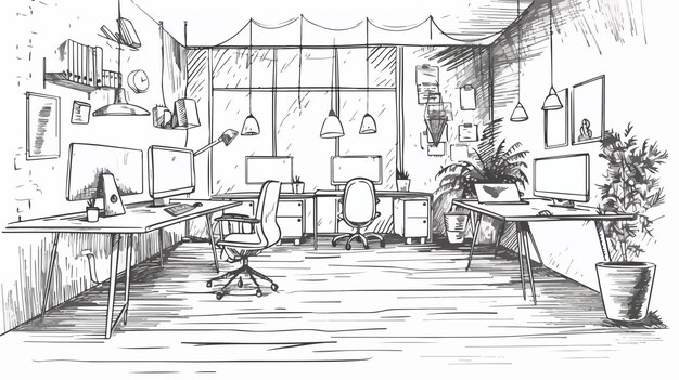 Vector a drawing of a room with a desk and a computer