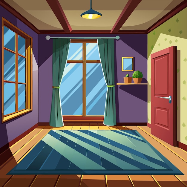 a drawing of a room with a door and a window with a curtain that says  the word  on it