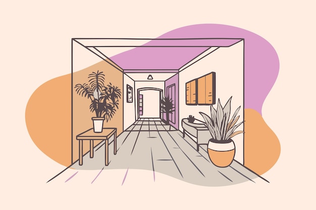 Vector a drawing of a room with a plant on the floor