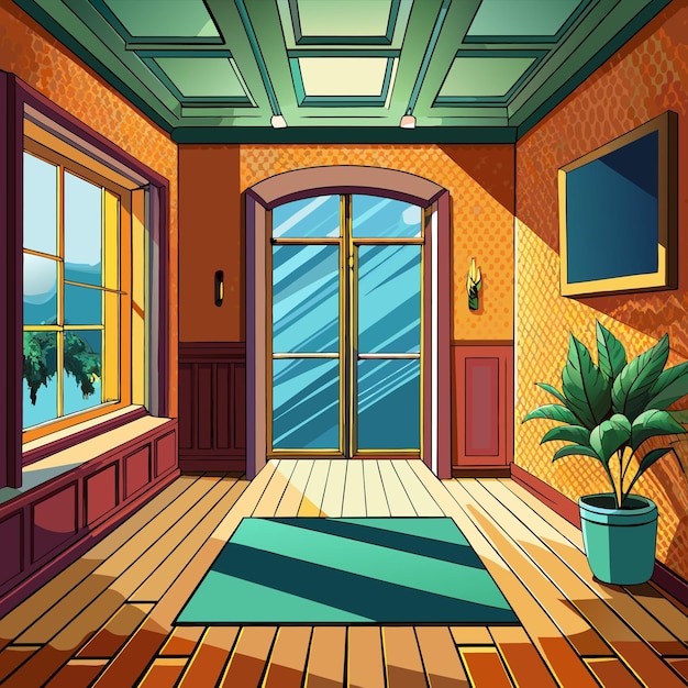 a drawing of a room with a plant and a window