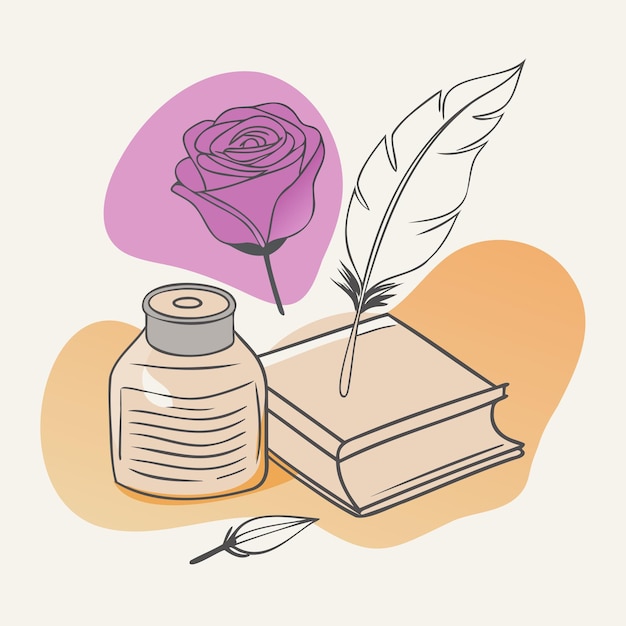 Vector a drawing of a rose and a book with a pen on it