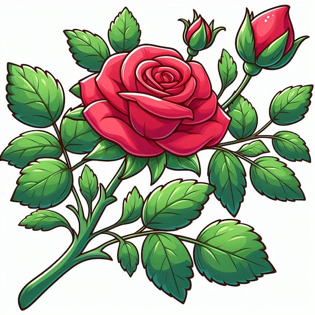 a drawing of a rose with green leaves