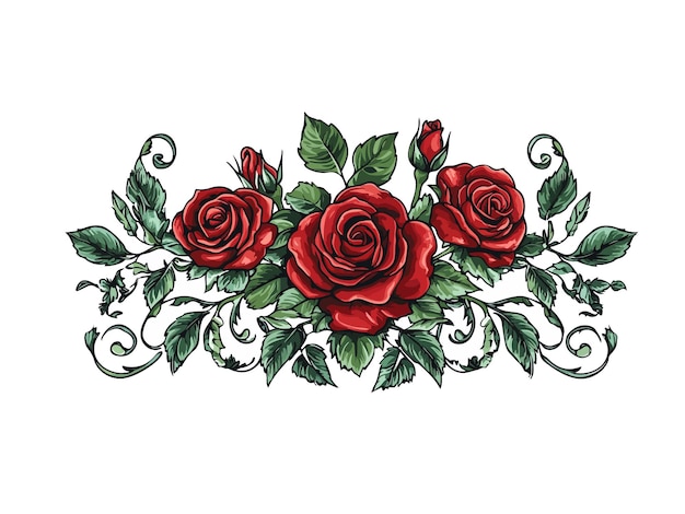 Vector a drawing of roses with green leaves and a white background