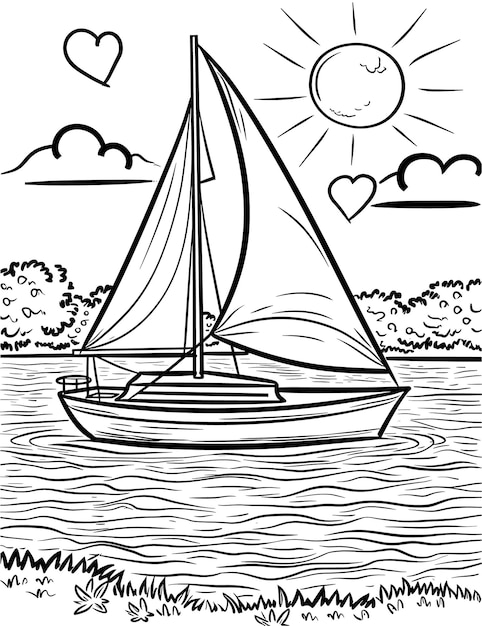 Vector a drawing of a sailboat with a sun and a sun in the background