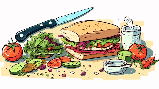 Vector a drawing of a sandwich with a knife and a knife next to it