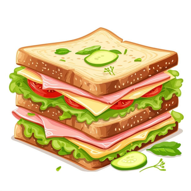 a drawing of a sandwich with a slice of ham and cucumber