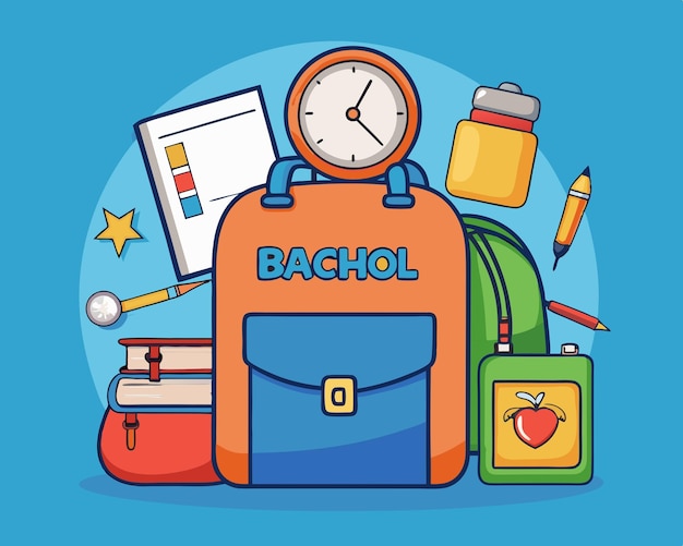 a drawing of a school backpack with a clock on it