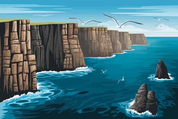 Vector a drawing of a sea cliffs with seagulls flying over the ocean