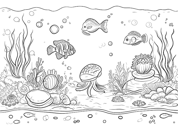 Vector a drawing of a sea life with fish and corals