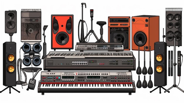 Vector a drawing of a set of electronic equipment with a picture of a sound system