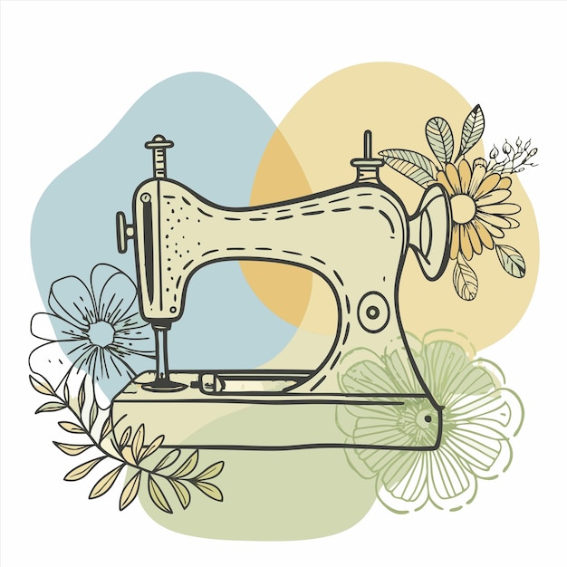 a drawing of a sewing machine with flowers and a picture of a flower