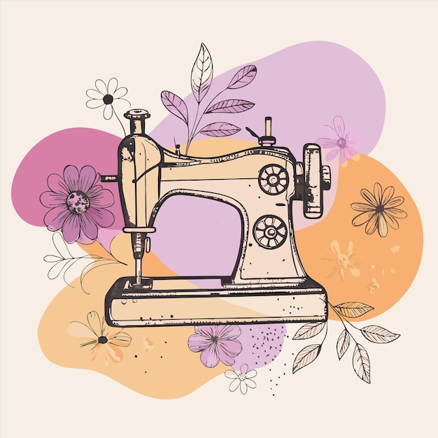 a drawing of a sewing machine with flowers and a picture of a sewing machine