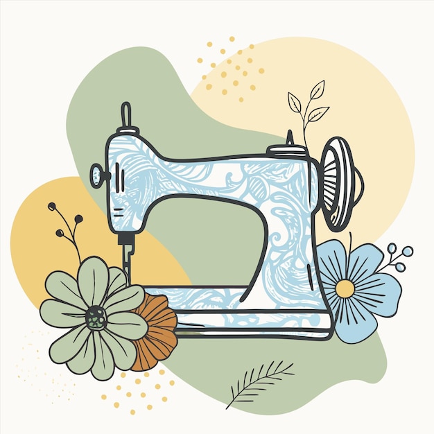 a drawing of a sewing machine with flowers and a picture of a sewing machine