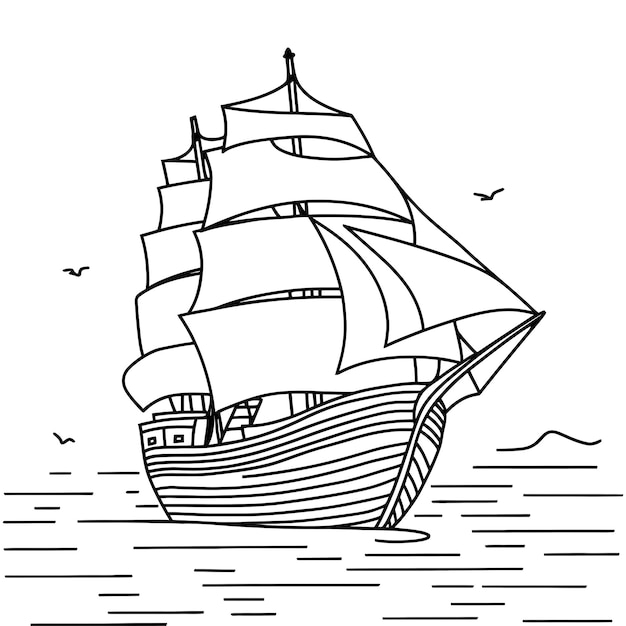 A drawing of a ship with a sail for coloring book