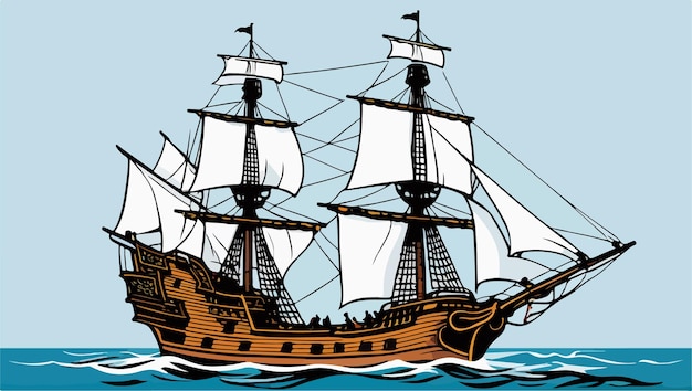 a drawing of a ship with the sails down