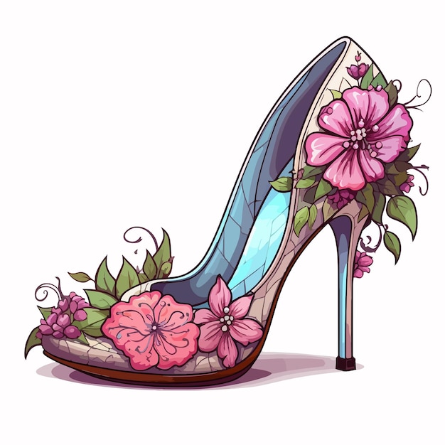 a drawing of a shoe with flowers and leaves on it