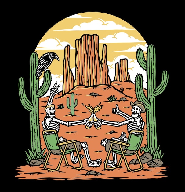 A drawing of a skeleton drinking in the desert.