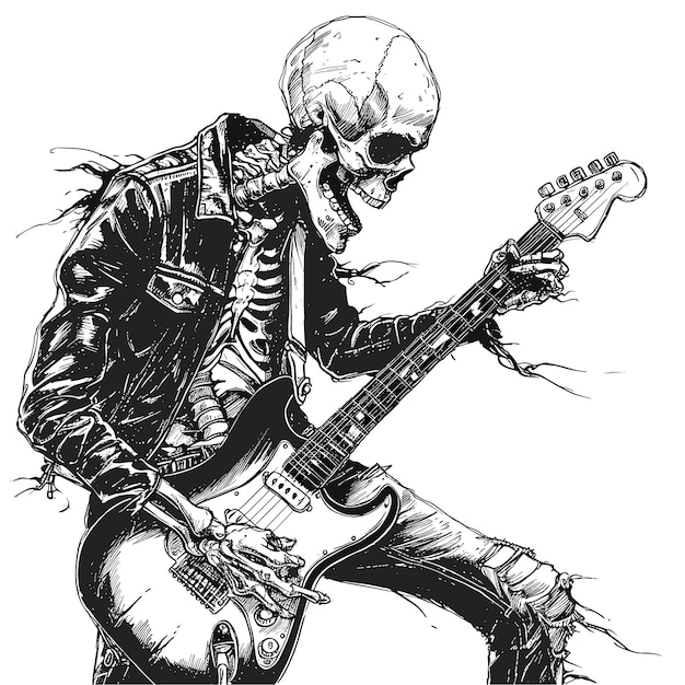 Vector a drawing of a skeleton playing a guitar with a skull on it