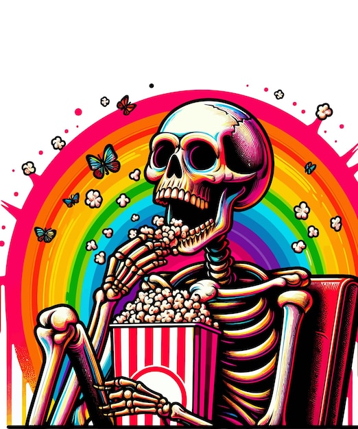 a drawing of a skeleton with a rainbow in the background