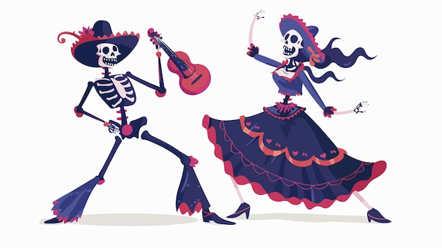 a drawing of a skeleton and a woman with a guitar and a hat